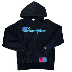 Vtg Champion Reverse Weave Hoodie Size Small Puff Embroidery Black Pullover
